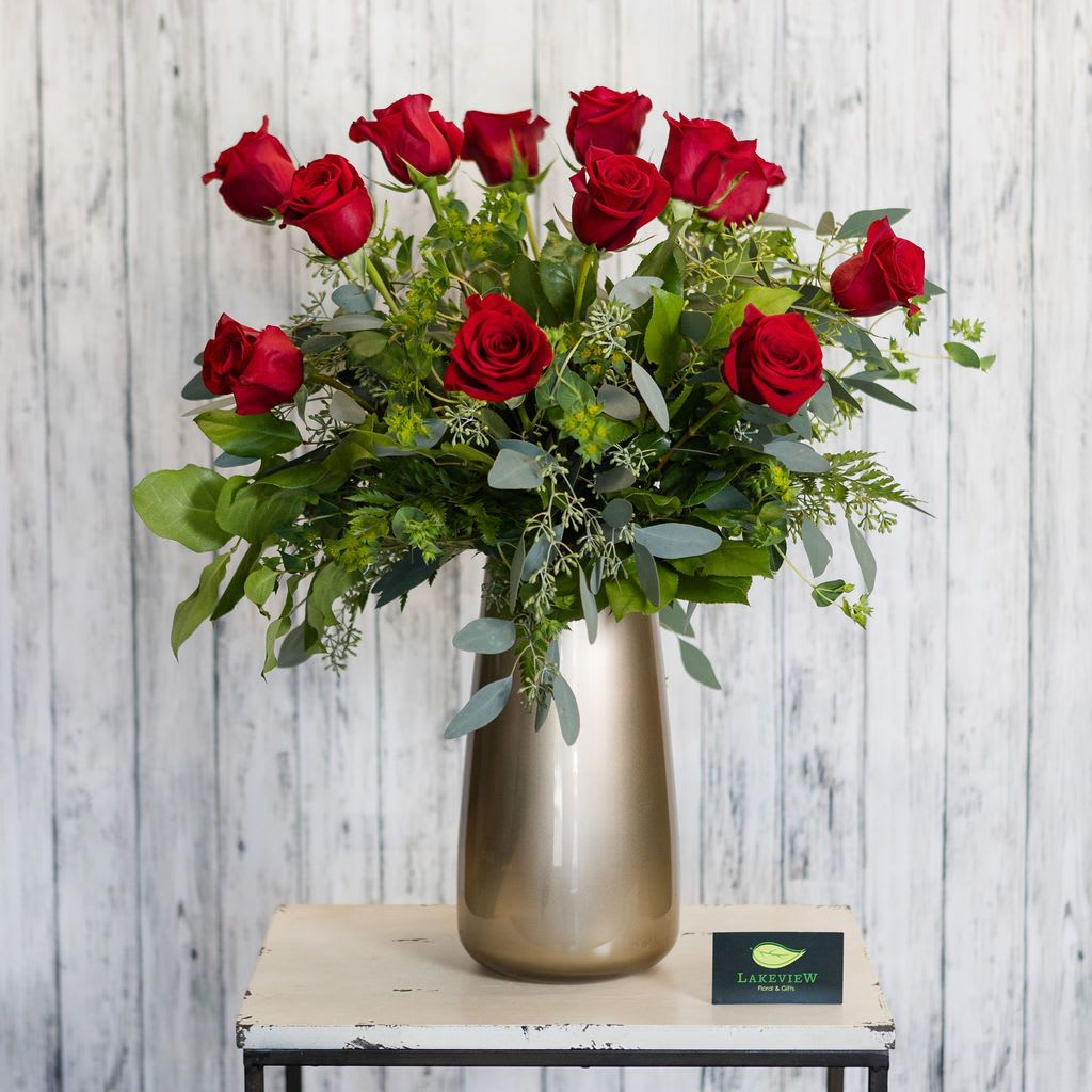 Goddess - An upscale twist on a dozen roses in a tall rose gold vase.   Approximate Dimensions: 30&quot; H x 20&quot; W
