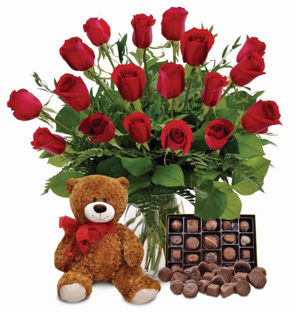 18 classic roses, teddy bear, Godiva chocolates Valentines day collection 18 classic roses, teddy bear, Godiva chocolates Valentines day collection - 18 classic roses, with teddy bear and Godiva chocolates Lavish your special someone with a bouquet that will leave them breathless. Silky red premium long-stemmed roses offer a message of passionate love and affection arranged amongst premium greens. Arriving in a superior clear glass vase, this luxurious bouquet will leave a lasting impression. "Approx. 26"h x 18"w * Roses, if you wish to have the roses in a different color, please indicate under special instructions, either ~ all pink, all yellow, all white. ( otherwise all red will be sent) * teddy bear may come in other colors than shown.