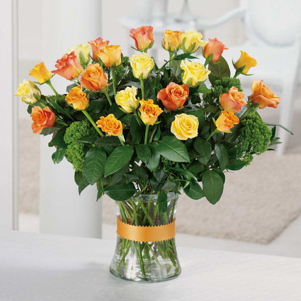 Gold 'N' Rosy - For sheer dazzle and excitement, nothing beats this magnificent bouquet of 24 specialty roses. Camellia and Italian ruscus add texture and flair.