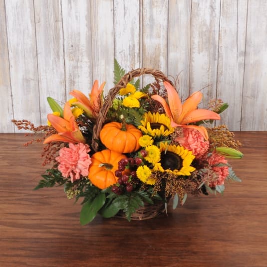 Jack Be Little Basket - Autumn themed fresh flower basket with jack be little pumpkins.