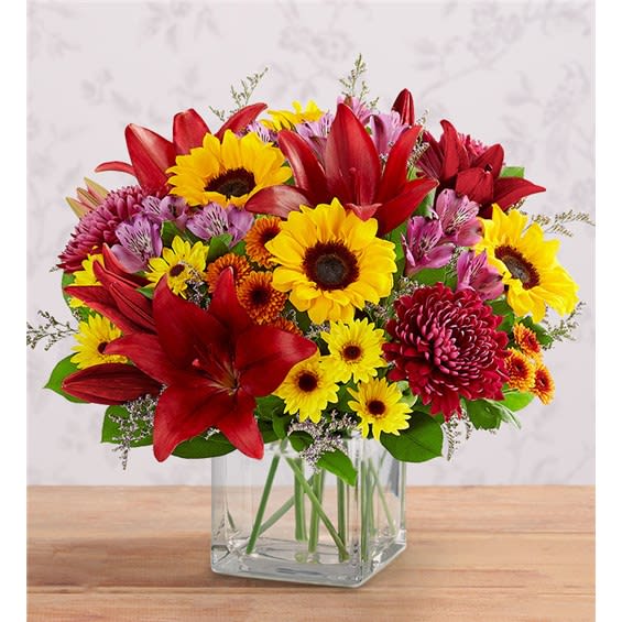 Harvest Charm bouquet Harvest Charm bouquet - Embrace autumn’s allure with our harvest-inspired bouquet. A loose gathering of blooms in rich reds, sunny yellows and pops of radiant purple come together in a modern glass cube, delivering the season’s charming beauty to someone very special.