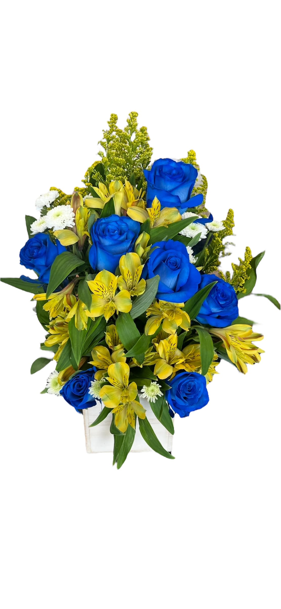 Celebrate - Celebrate with this Spectacular blue roses, alstroemerias, mini carnations, daisies, Ruscus, solidago in a wood base. Add some chocolates and balloon. Ideal for any Occasion. * FLOWERS &amp; VASES MAY VARY DUE TO OUR AVAILABILITY. * OUR DESIGNER WILL MAKE SUBSTITUTIONS WHEN NECESSARY, FOLLOWING THE SAME VALUE. * IF YOUR ORDER IS A GIFT, ADD YOUR GIFT MESSAGE IN &quot;SPECIAL INSTRUCTIONS&quot;.