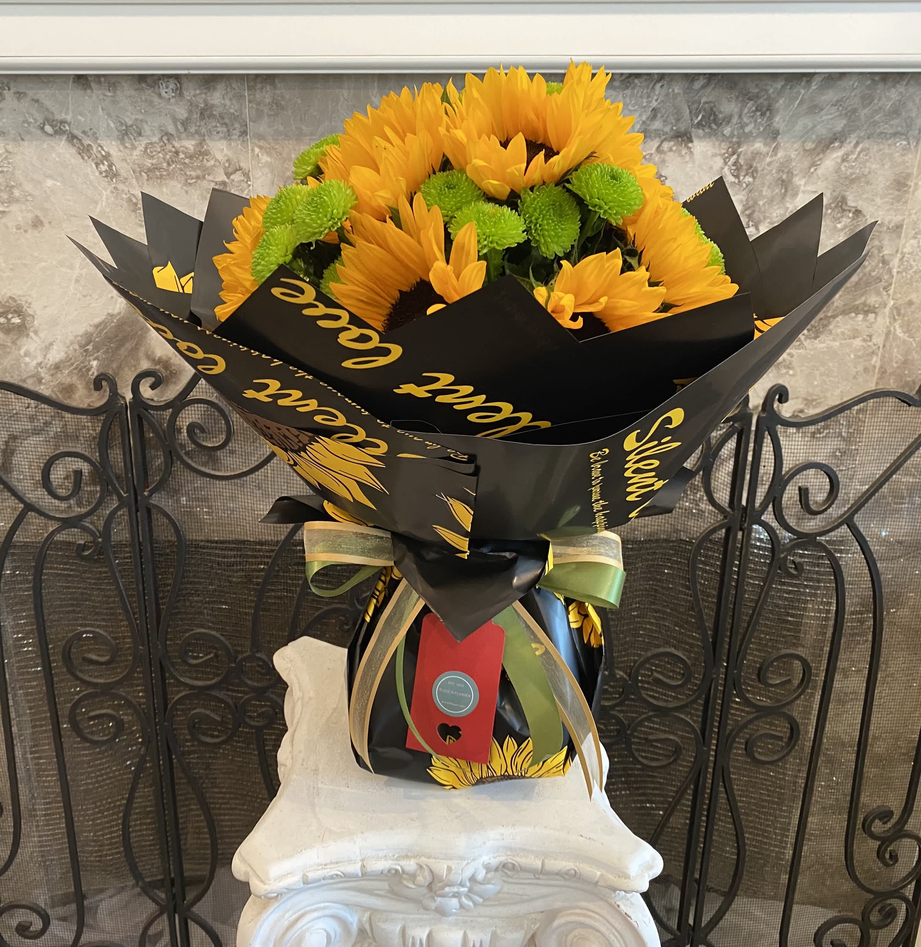 Congratulations Class of 2024! Summer Breeze a Dozen Fresh Cut Sunflowers With Green Chrysanthemums - A Dozen Fresh Cut Sunflowers With Green Chrysanthemums In Waterproof Paper Bouquet. It Is 20''H &amp; 18''W