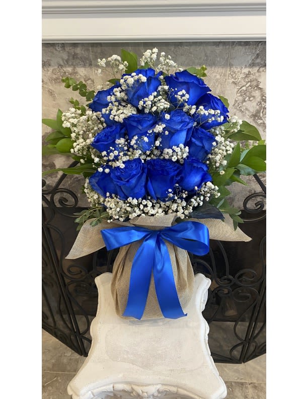 Hello Blue From Suzie's Signature Hello Blue From Suzie's Signature - 12 Blue Roses with Baby Breath Line Wrap Arrangement