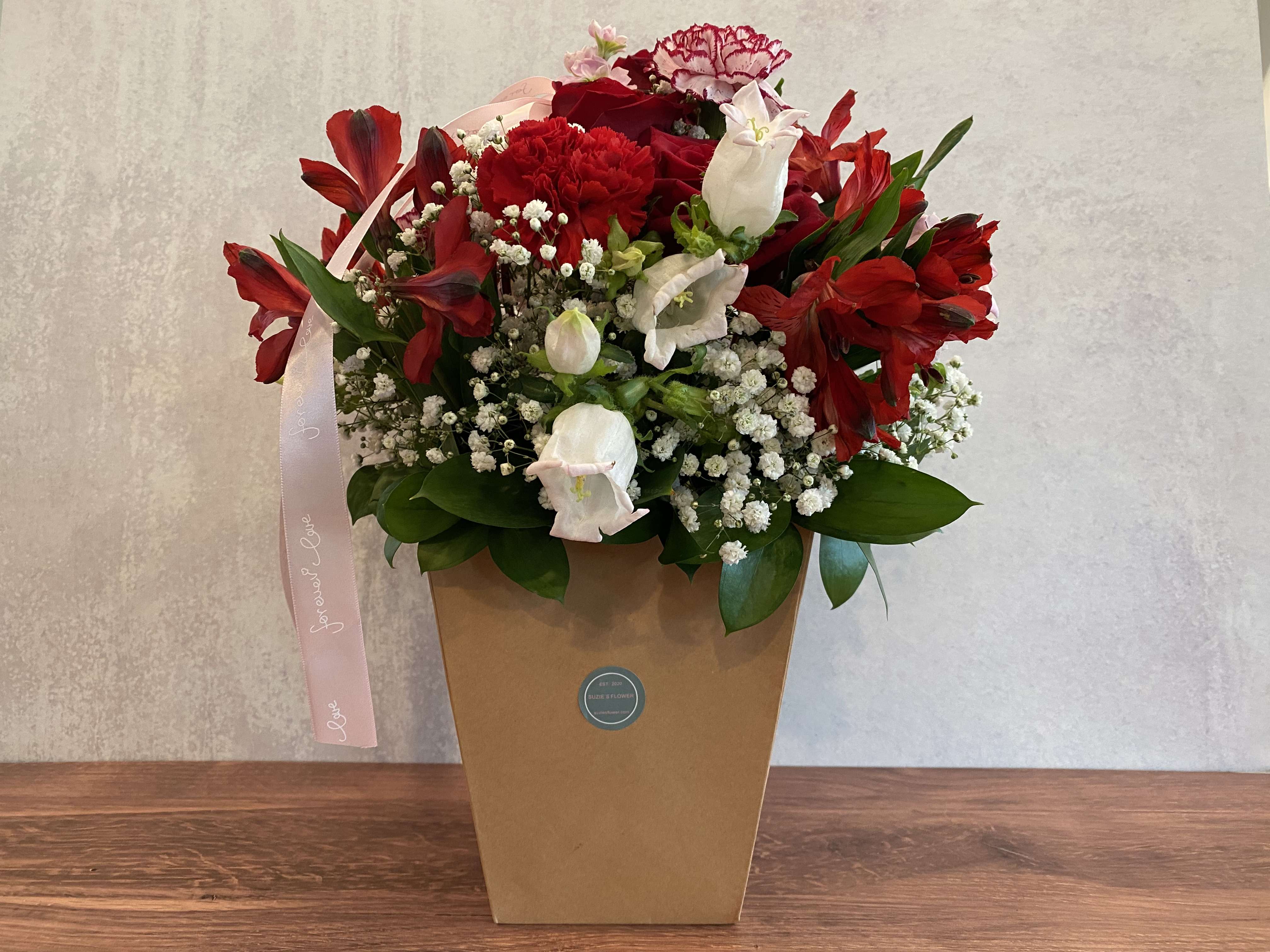 Passionate - This Item Is Used Paper Basket &amp; Flowers: Roses , Alstroemerias, Carnations, Baby Breaths &amp; Other Seasonal Flowers. 7.1/2'' H Recycle Waterproof Paper Basket With Ribbon.