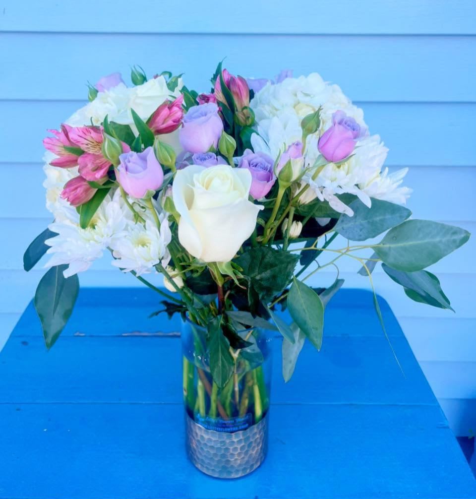 Parisian Stroll Bouquet - White roses, Hydrangeas, Mum cushion, Lavender or Pink Spray roses, Pink alstroemeria, Ruscus, Tree Fern, Gold vase 8” inches
