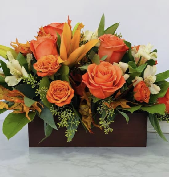 Orange Wooden Box Orange Wooden Box - Orange Lilies, Roses, Spray Roses, White Alstroemerias, Eucalyptus Greens, Fillers. Wooden box
