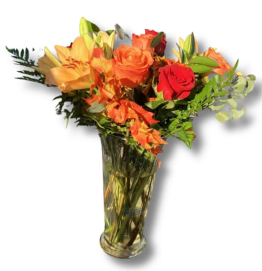 Bright Autumn Arrangement - Orange, Roses, Lilies, Alstroemerias, greens Red Roses, Bupleurum, Fillers and Greens, Tall 10 3/4&quot; Vase