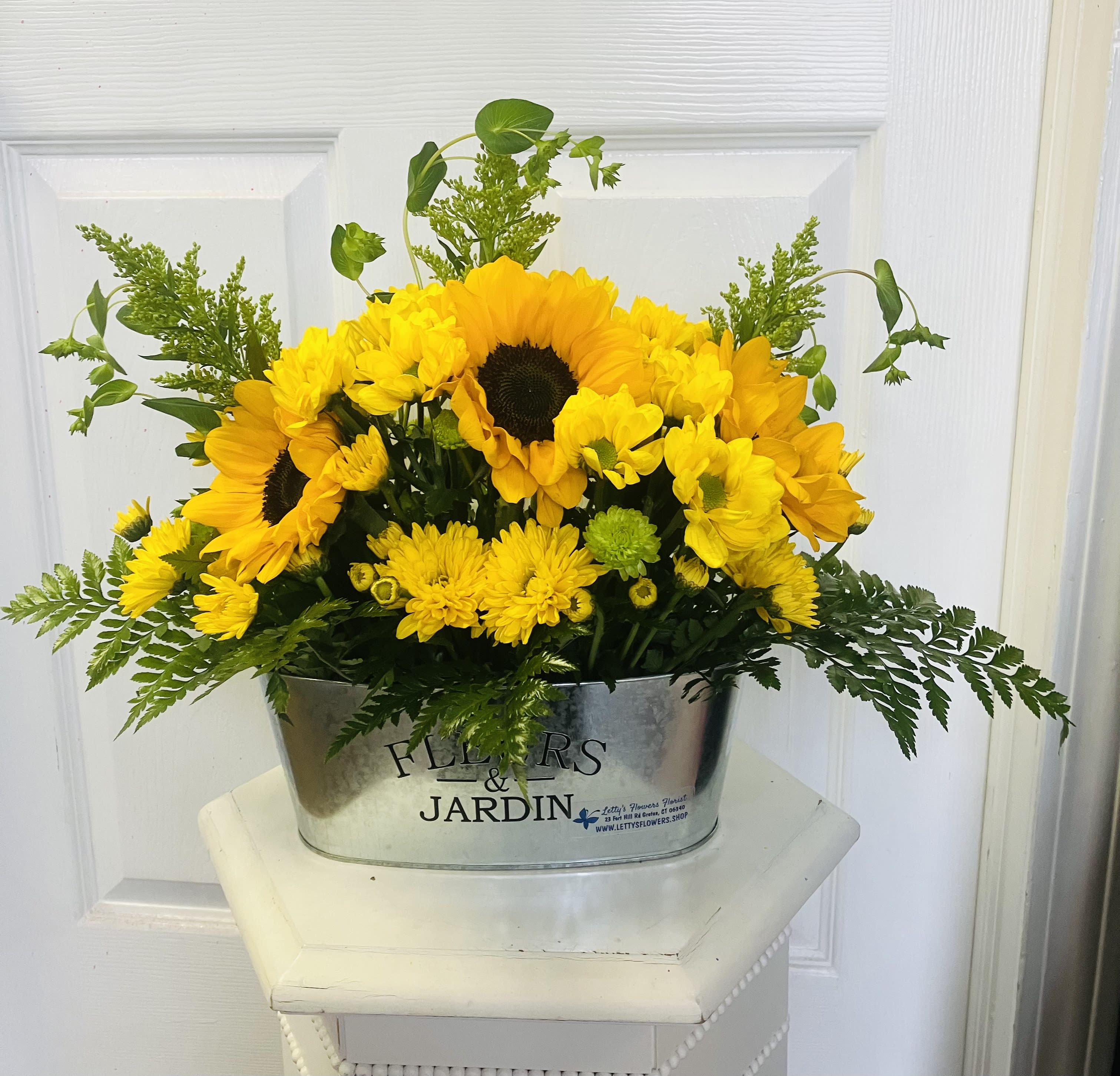 Sunflower Harvest Centerpiece - Beautiful sunflower harvest centerpiece in a metal vase ideal for any occasion