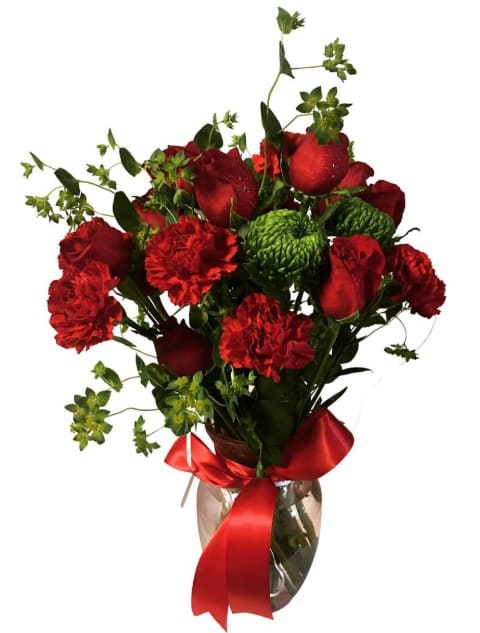 Adorable Bouquet - Red Roses, Red carnations, Green moms, Baby breath, greens and Bupleurum.