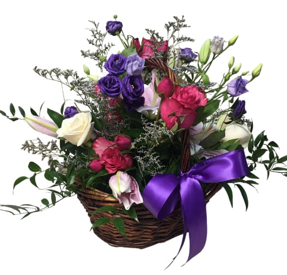 Purple & Hot pink Flowers Basket Purple & Hot pink Flowers Basket - Pink Oriental Lilies, Purple Lisianthus, Hot pink Rose Spray, Hot pink Gerberas, Pink Alstroemerias, Hot pink Mini Carnations, White Roses, Pittosporum, Basket with handle (10 ”w)