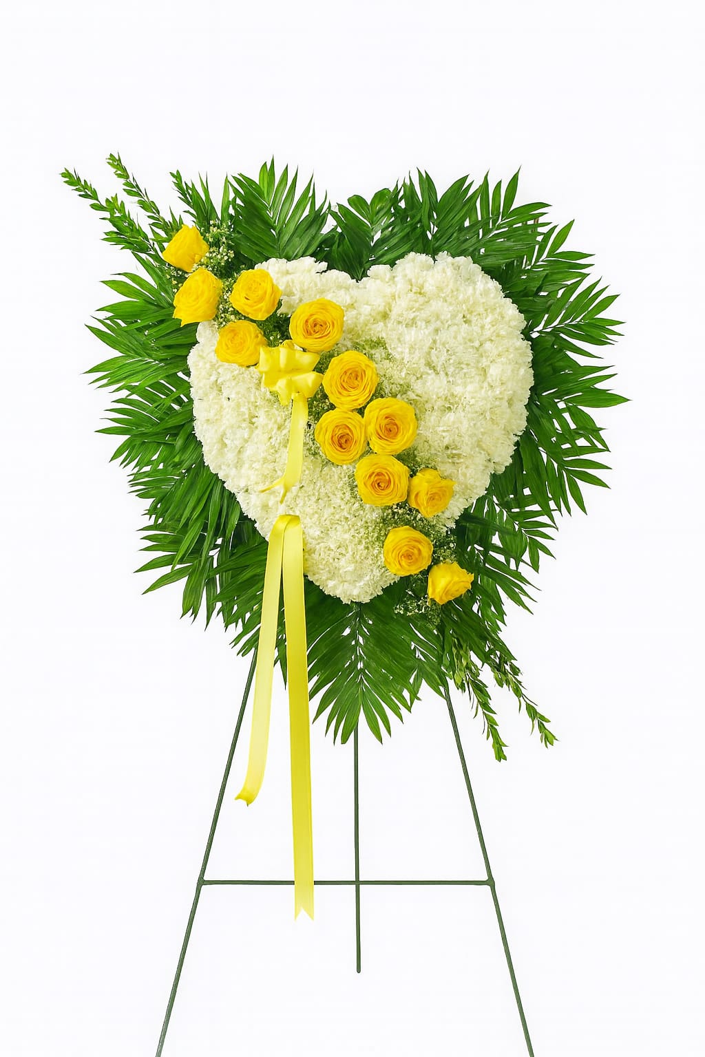 Golden Memories Heart Golden Memories Heart - Golden Memories Heart Honor a beautiful life with our Golden Memories Heart, a radiant standing heart arrangement symbolizing love, remembrance, and peace. Hand-crafted with pure white carnations shaped into a heart and adorned with vibrant yellow roses, this tribute brings warmth and comfort to any service. Accented with lush greenery and finished with a satin ribbon, this design offers a timeless expression of sympathy and support for family and loved ones. Occasion: Sympathy, Funeral, Celebration of Life Style: Elegant • Classic • Heartfelt Placement: Standing spray on easel (included)