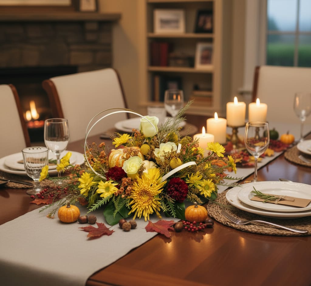 Fall Has Arrived Fall Has Arrived - The colors of orange, yellow, cream, burgundy and fresh greens are a perfect combination for the Autumn season. This design is extra special with the organic pumpkins designed in the flower arrangement. This beautiful flower bouquet features fall disbuds, creamy Roses, bright burgundy carnations, and scented waxflower, Seasonal greenery and great flower textures. This is definitely a favorite of our Olympia neighbors. If you've been searching for "Flower Shops Near Me", we would love the opportunity to become your go-to local Flower Shop. We love bringing flowers to our local neighbors and if we can make a flower delivery for you today that would be great! If you need something extra special, let us create some flower magic for you with our "Fall has Arrived." This design in flowers is fresh, modern, and the color combination is very much on-trend. The creamy whites have a soothing, calm while the luscious yellow tones are vibrant and full of life. Roses, disbuds, carnations make for a perfect combination of color harmony and texture. What a beautiful gift of flowers this will be,