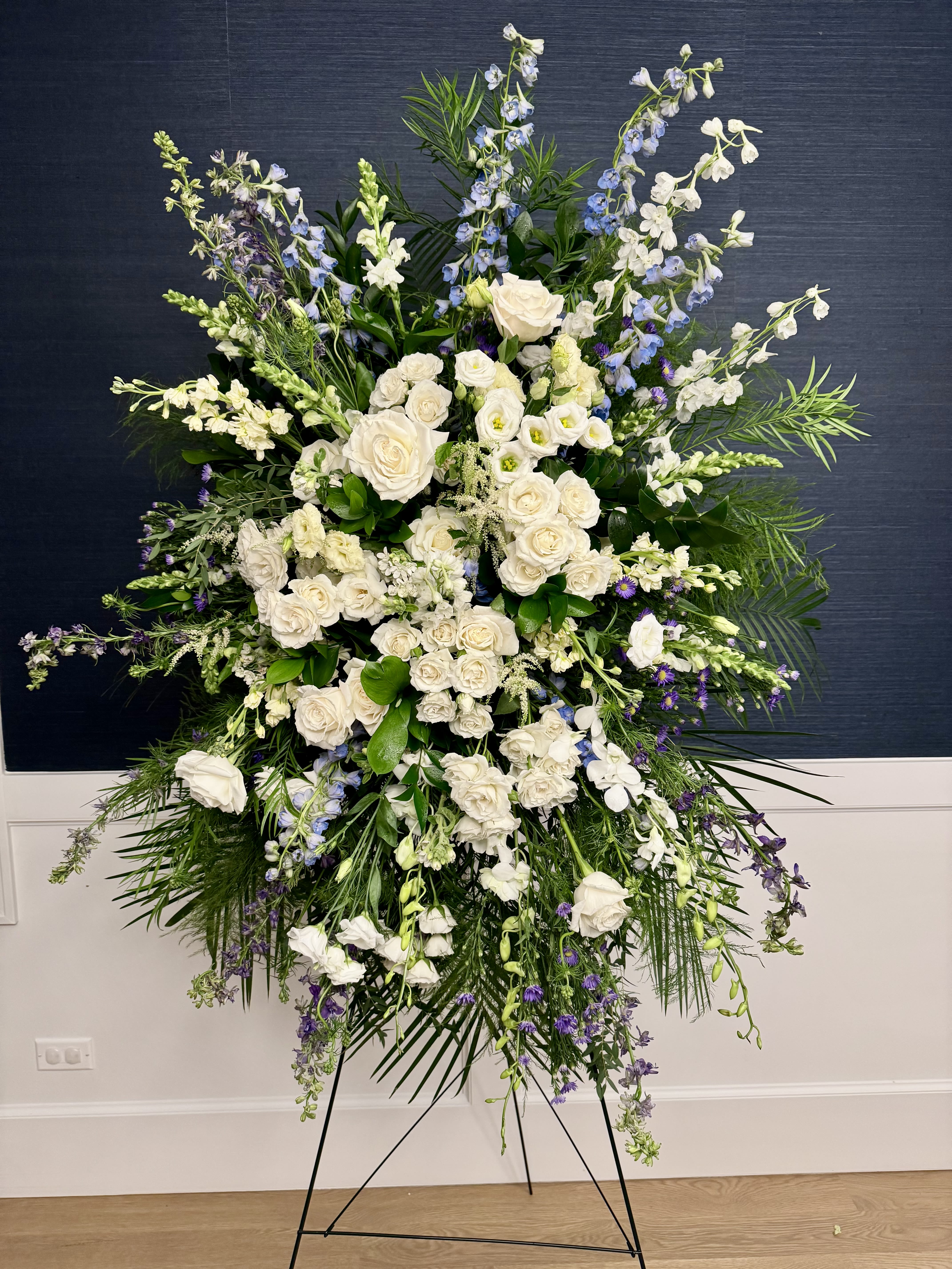 Standing Spray - Large standing spray with ivory and blue tones. Deluxe flower selection. Colors can be customized, please email for more information on custom orders.