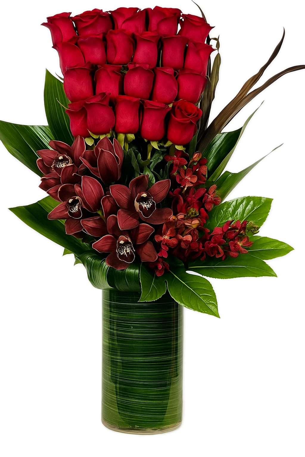 Red Radiance Red Radiance - A modern style arrangement consisting of red roses, burgundy cymbidiums and red Mokara orchids.
