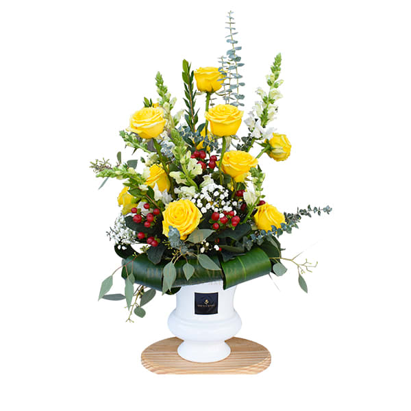 Gratitude - Show your respect and gratitude with this eye catching arrangement of roses, snapdragons, berries and eucalyptus. This arrangement is almost  3 feet tall and is perfect when you want to show support and love in the most heartfelt way.For same day delivery and Free Delivery Options Text or Call  832-973-1376.