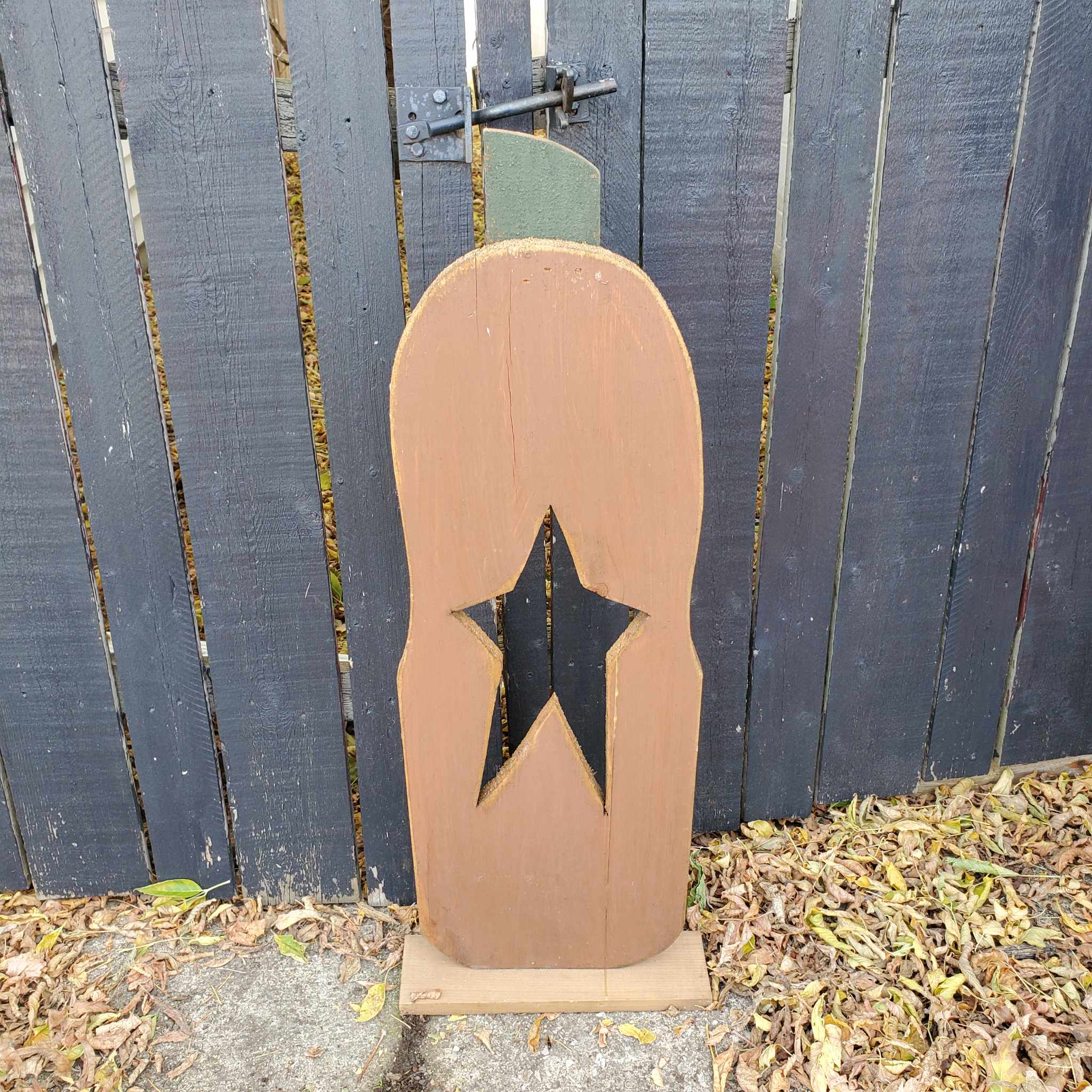 Tall Wooden Pumpkin With Star Cutout Tall Wooden Pumpkin With Star Cutout - Outdoor wooden porch sign on a stand with center star cut out.   Made in the USA