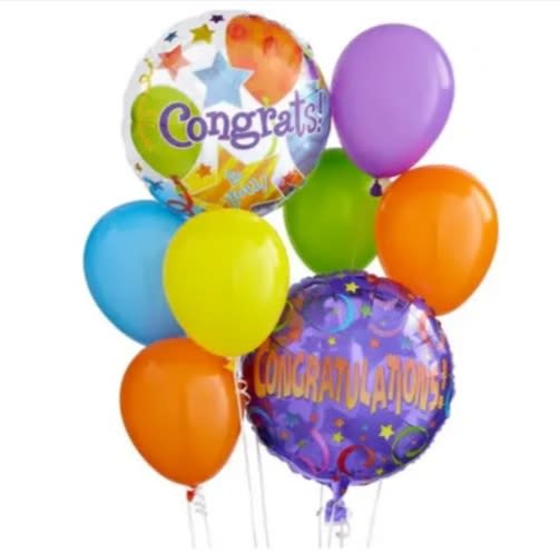 Congratulations Balloon Bouquet Congratulations Balloon Bouquet - Celebrate a job well done with a colorful congrats' balloon bunch! The perfect gift for a recent graduate, a new baby or for a new job. Whatever the accomplishment you are celebrating, balloons are a wonderful gift to send. Same Day and Scheduled Balloon Delivery to Nashville and Surrounding Area. NOTE: Mylar balloons may vary from those shown due to availability, however, the overall theme will remain the same.