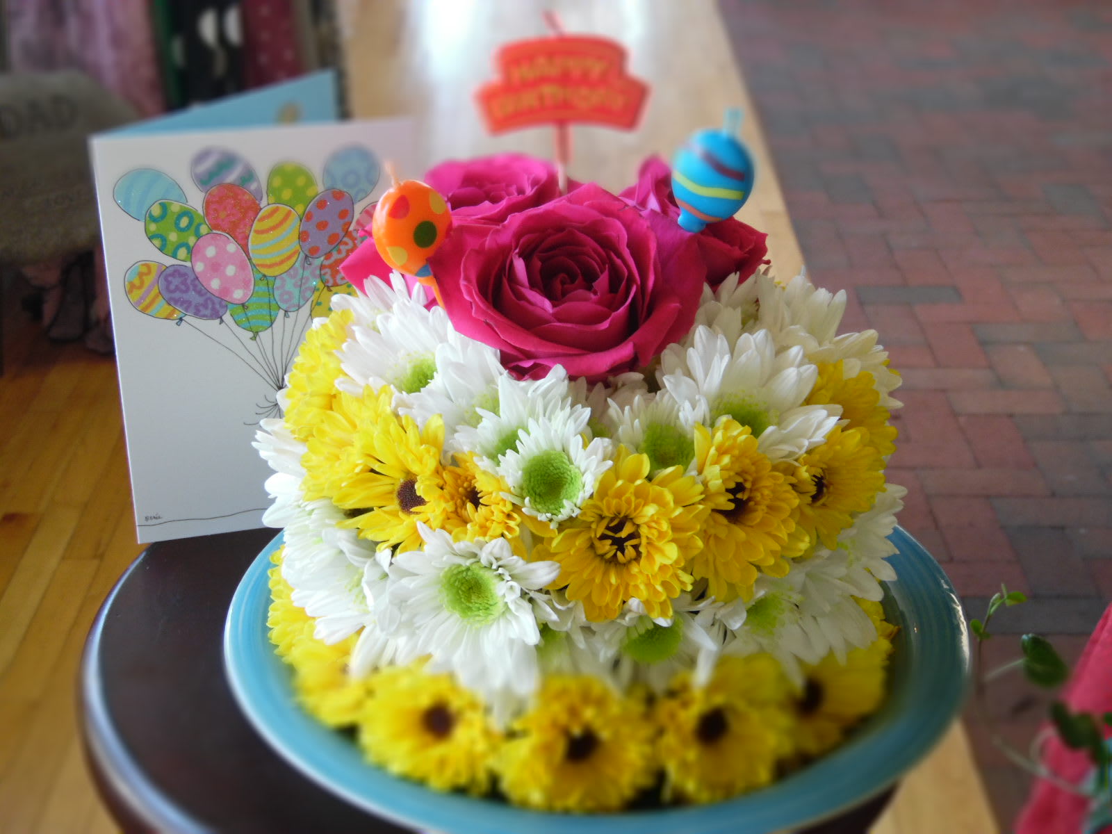 Happy Happy Birthday Cake - A birthday cake made out of flowers.... so pretty.  Flower colors may vary.  This is for the cake only, The card pictured is a photo prop. 