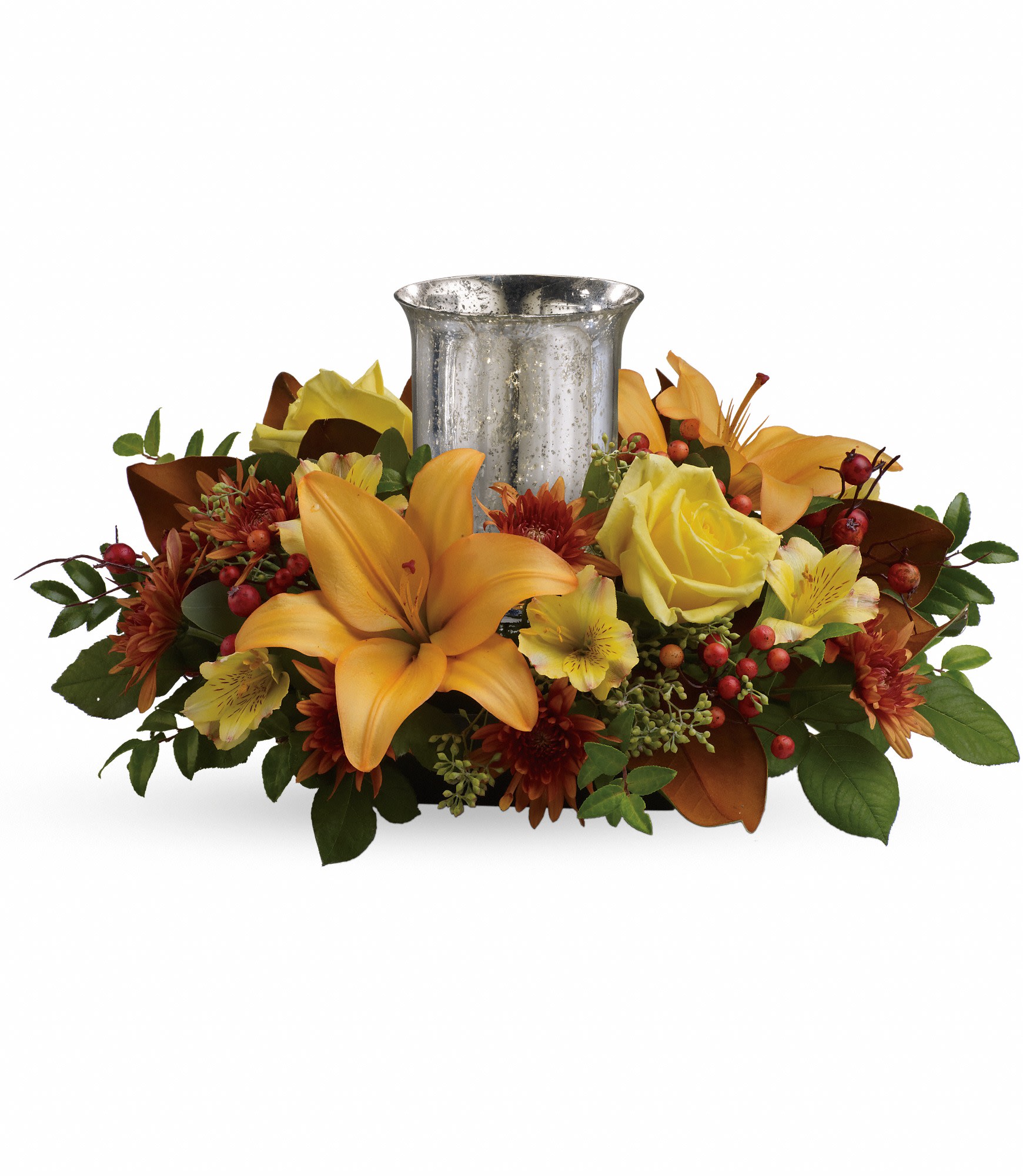 Glowing Gathering Centerpiece by Teleflora - This beautiful arrangement features yellow roses, peach asiatic lilies, yellow alstroemeria, bronze cushion chrysanthemums, seeded eucalyptus, huckleberry and orange berries. Delivered in an exclusive silver Mercury Glass hurricane. Approximately 18&quot; W x 10&quot; H. TFL06-3A 