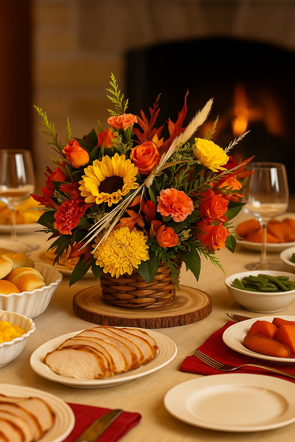 Colors of Thanksgiving Basket  - Embrace the cozy vibes of the season with our beautifully crafted Seasonal Warm Hues Basket. Perfect as a thoughtful gift or a decorative piece, this versatile basket is designed to brighten up any space with its rich, warm colors and charming presentation.  Key Features:  Warm Seasonal Colors: Featuring a harmonious blend of autumn-inspired hues, this basket brings the cozy feeling of the season into your home or office. Versatile Use: Ideal as a decorative item, this basket can enhance your living room, office space, or serve as a thoughtful gift for friends and family. Elegant Presentation: Meticulously arranged to showcase the beauty of seasonal elements, making it a standout piece in any setting. Perfect for Any Occasion: Whether for Thanksgiving, housewarmings, or simply to celebrate the season, this basket is a delightful addition to any occasion. Celebrate the season with our Seasonal Warm Hues Basket, a versatile and elegant addition to your home or office décor.