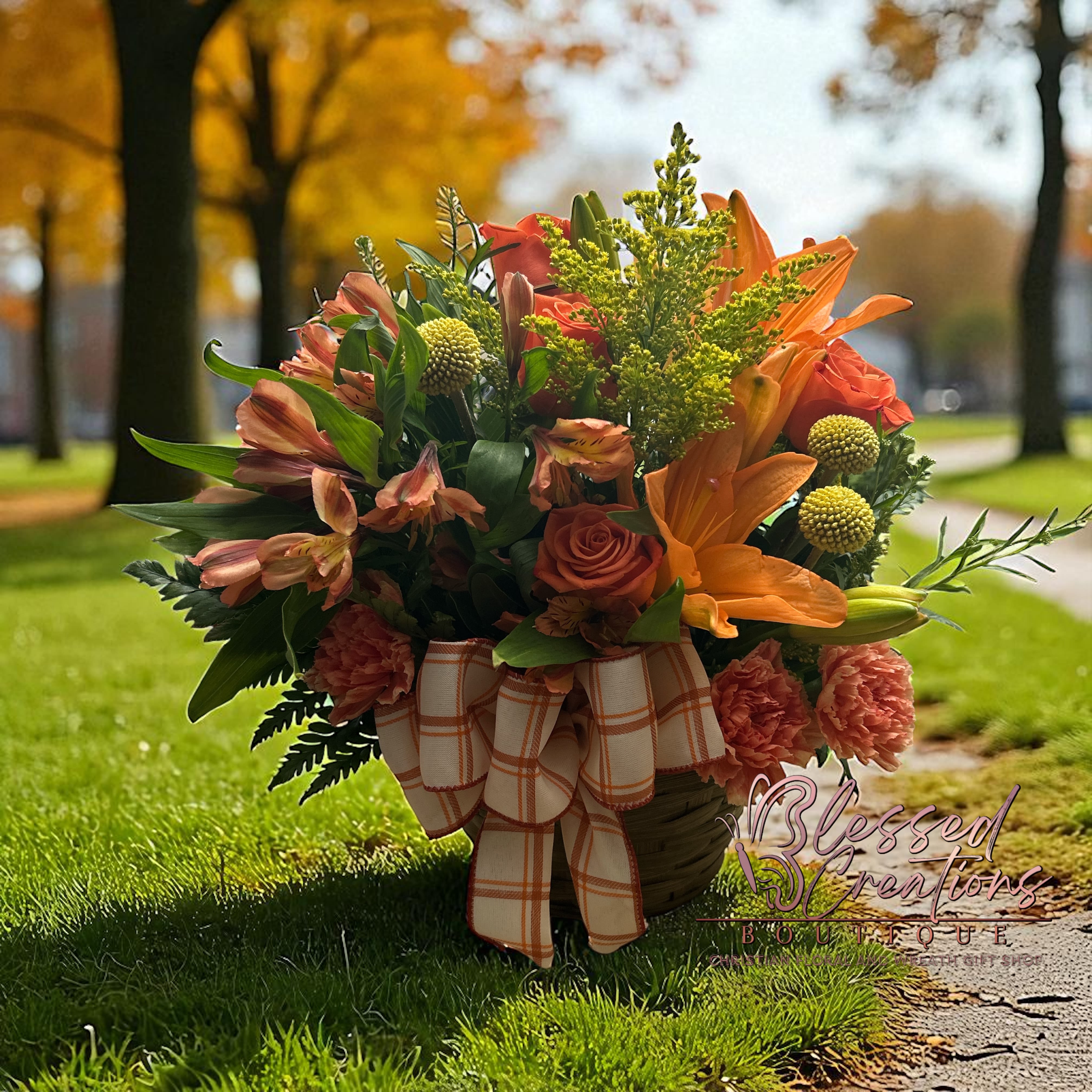 Abundant Blessings basket bouquet  - Celebrate the warmth of the season with our Abundant Blessings Basket—a stunning one-sided floral display overflowing with the rich colors of fall. Featuring vibrant orange lilies, burnt orange roses, golden solidago, playful billy balls, and rustic carnations, this arrangement brings the beauty of the harvest right to your home. Designed in a woven basket and accented with a seasonal autumn bow (styles may vary), it’s perfect for a festive centerpiece, thoughtful gift, or a bright touch of encouragement during the cooler months. 