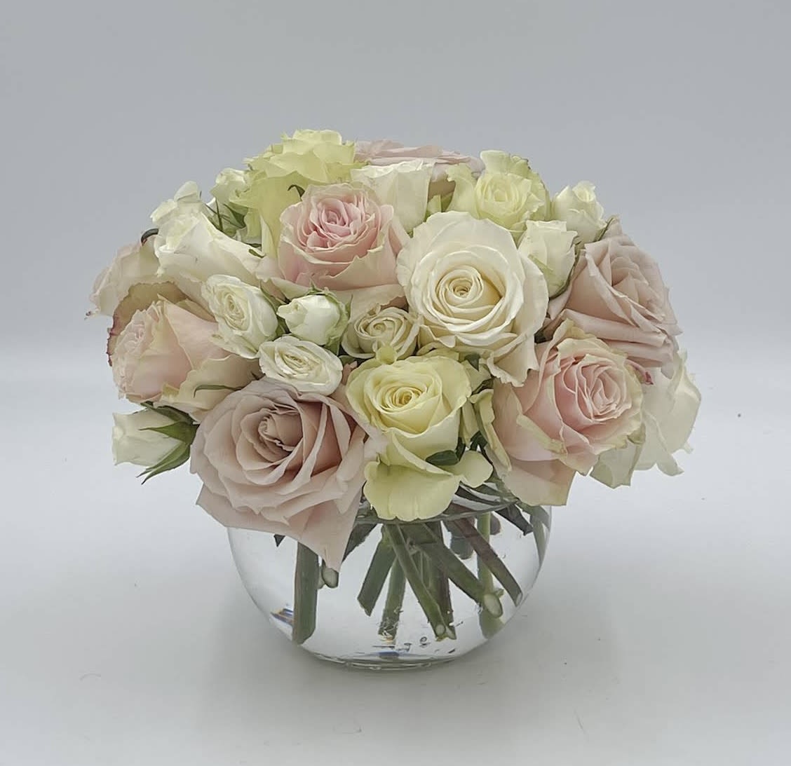 Bellissimo - A beautiful display of mixed neutral toned roses, Bellissimo features a lush, compact and rounded bouquet arranged in a bubble bowl vase. The Standard Bellissimo is arranged in an six inch clear glass bubble bowl featuring approximately 25 Roses and Spray Roses. The Deluxe sized Bellissimo is arranged in an eight inch clear glass bubble bowl featuring approximately 58 Roses and Spray Roses. The Premium sized Bellissimo is arranged in a ten inch clear glass bubble bowl featuring approximately 80 Roses and Spray Roses. Have our professional designer choose a mix of complimentary colored roses for this grand display! Please note at checkout any colors you’d prefer and we will do our best to accommodate all requests.