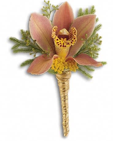 Sunset Orchid Boutonniere Sunset Orchid Boutonniere - Feel the magical warmth of a summer sunset with a single cymbidium orchid. A stunning brown cymbidium orchid with yellow yarrow, seeded eucalyptus and lycopodium in a gold satin ribbon.
