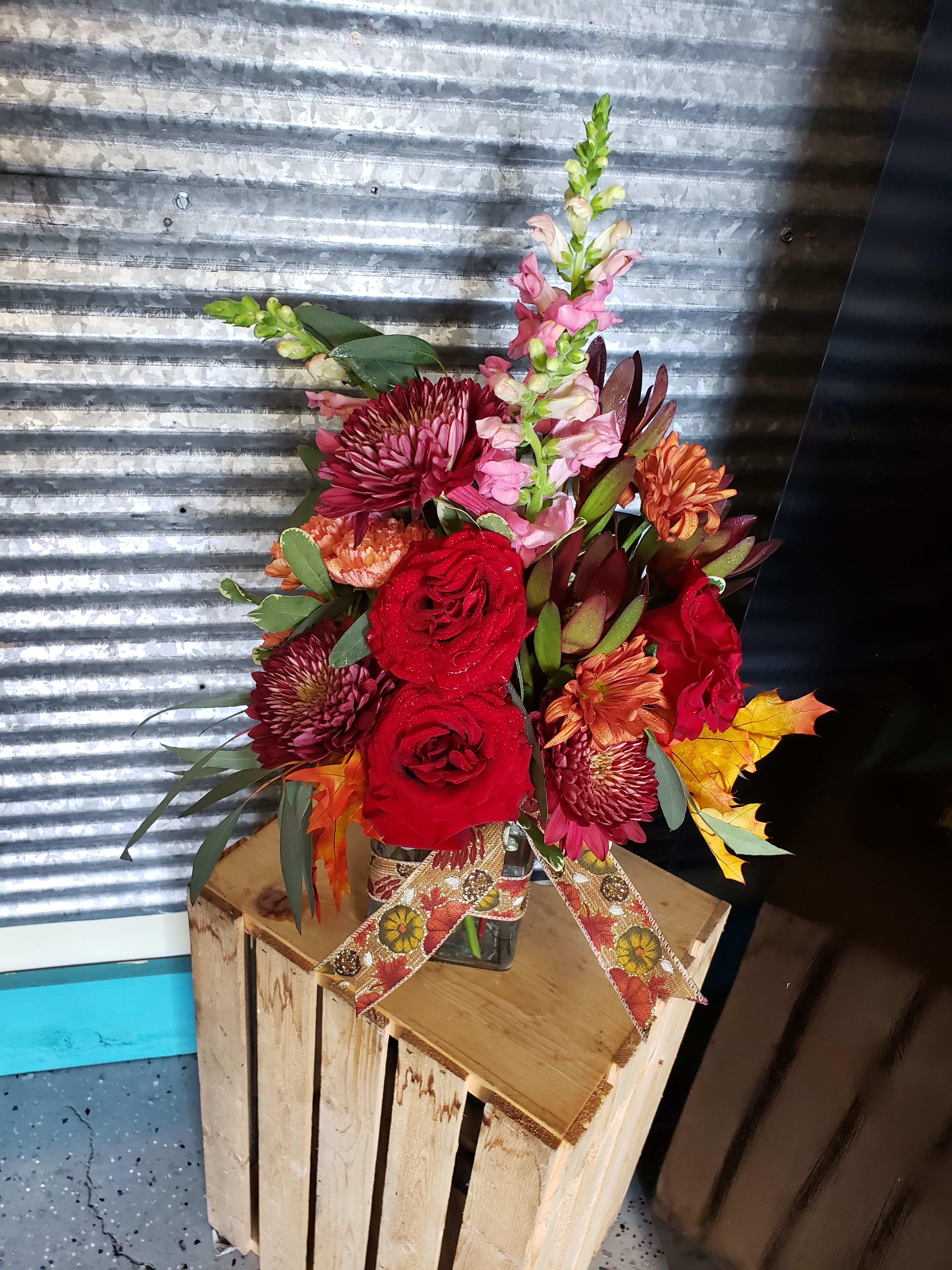 Colorful Fall Cube  - Enjoy the Rich colors of fall with this Designers Choice Cube of flowers