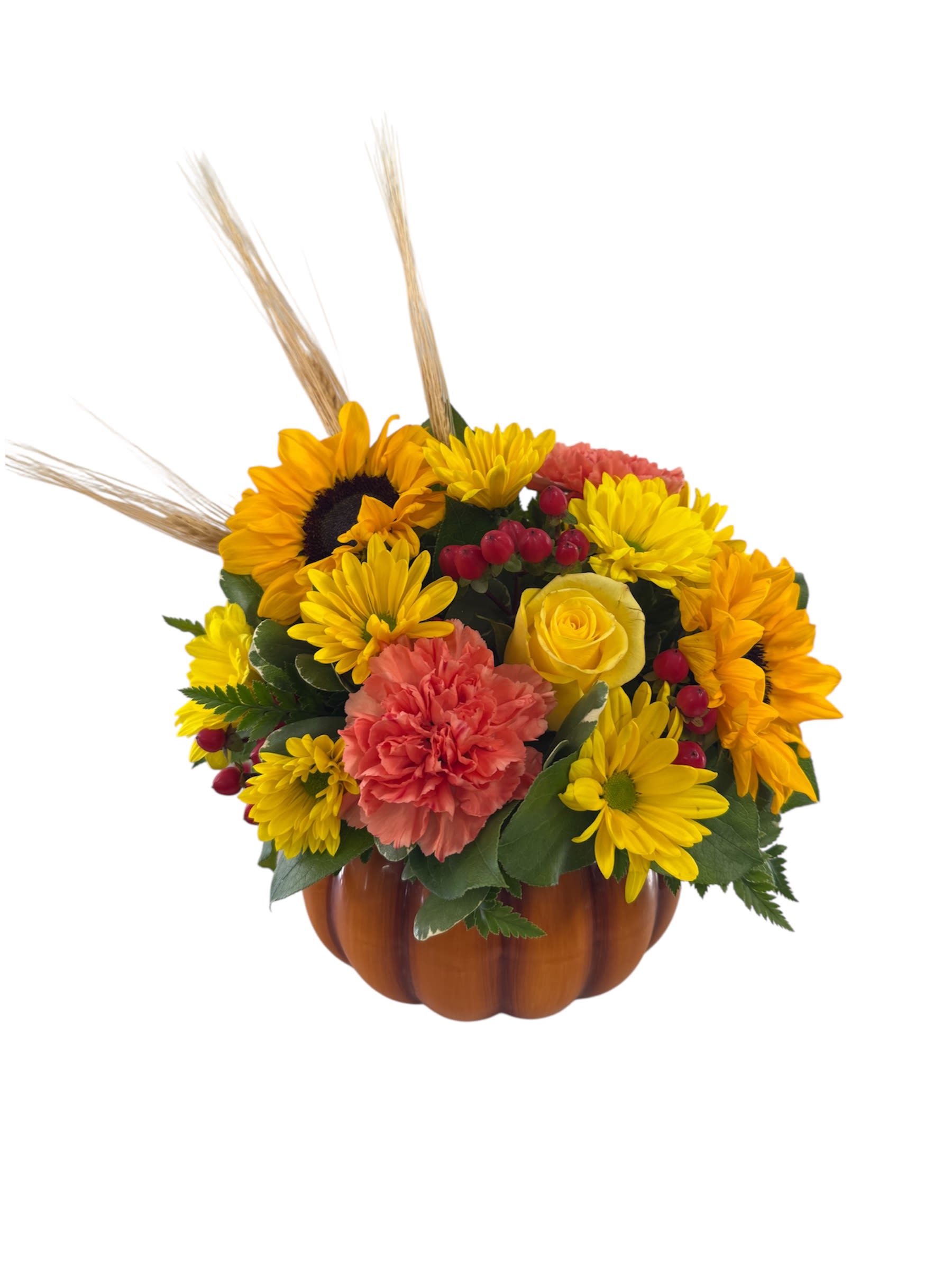 Pretty Pumpkin Bouquet - A bright autumn bouquet consisting of sunflowers, chrysanthemums, carnations and roses accented with wheat arranged in a ceramic pumpkin container.