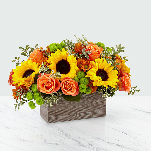 The Happy Harvest Garden - Lush assortment of bright oranges, yellows and greens fill this stylish wooden box to overflowing. 