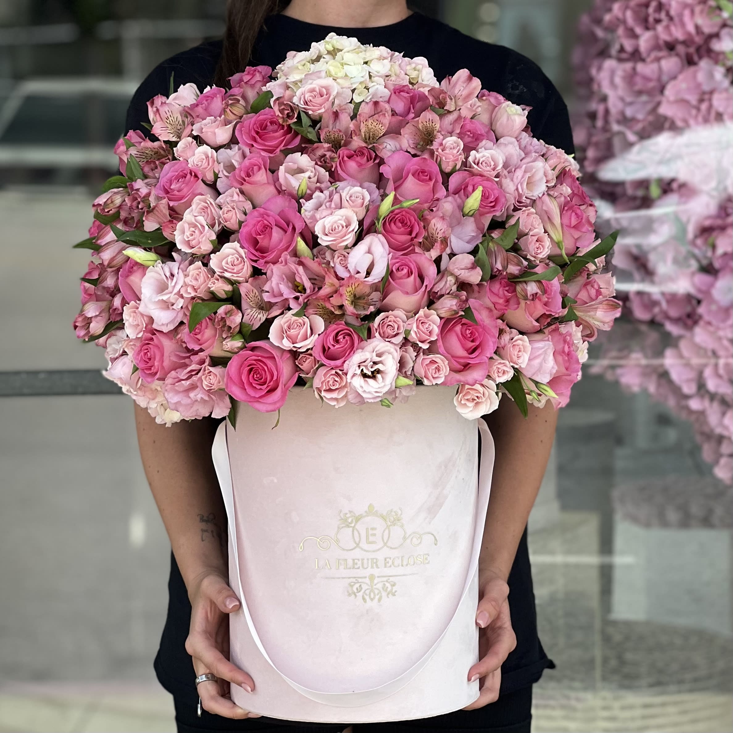 Barbi - Pink arrangement of fresh flowers in our signature velvet pink box