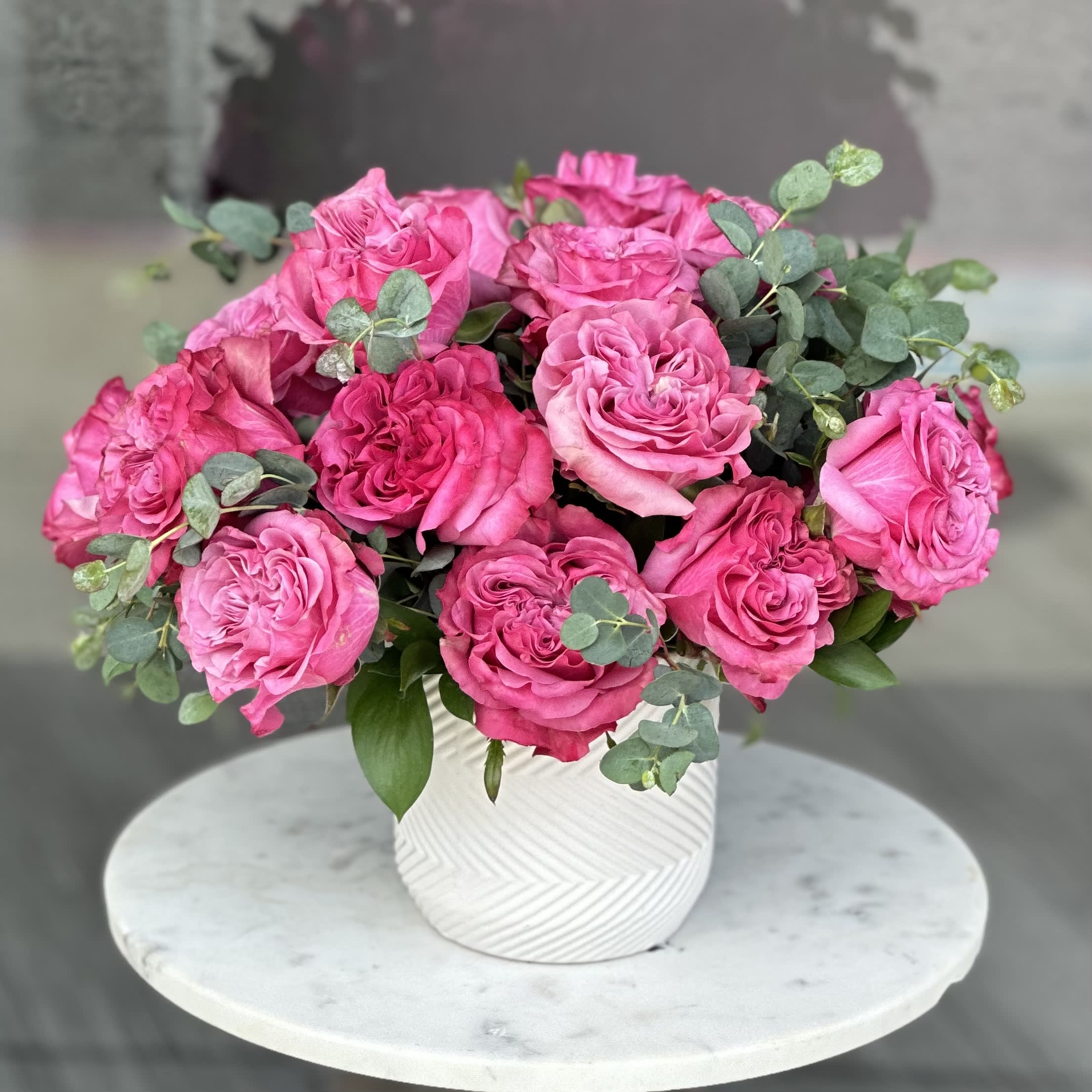 You are the only one  - Fresh heart shaped roses with eucalyptus in a vase 