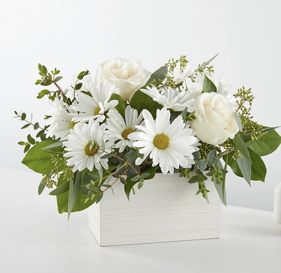 Fresh Linen Box Bouquet - Create a serene and timeless atmosphere with our Fresh Linen Box Bouquet featuring roses, daisies, and eucalyptus.