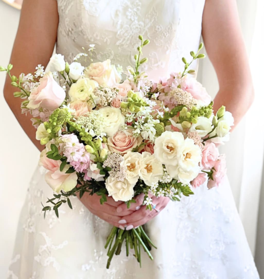 Signature Wedding Bouquet - Soft Pinks &amp; Creams - Our largest bridal bouquet, bursting with the seasons most beautiful colorful and elegant blooms. This grand bouquet is hand tied and finished with romantic chiffon ribbon in a coordinating color.  