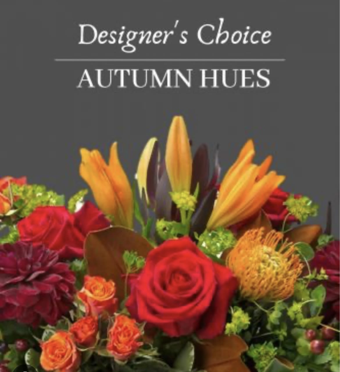 Designer’s choice Autumn hues - Our designers will choose the best and the brightest autumn colors to create an arrangement in a glass vase. 