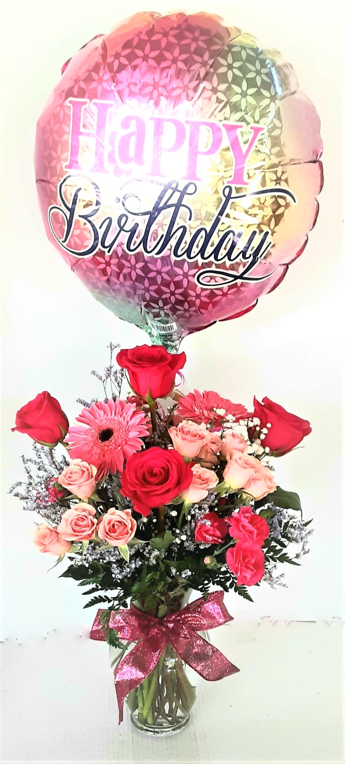 Happy Birthday with Balloon - Beautiful roses,gerbera daisies, spray roses,mini carnations, with feminine fillers and greenery,accented by ribbon and a birthday balloon,perfect for the happy occasion! (Balloon may vary)