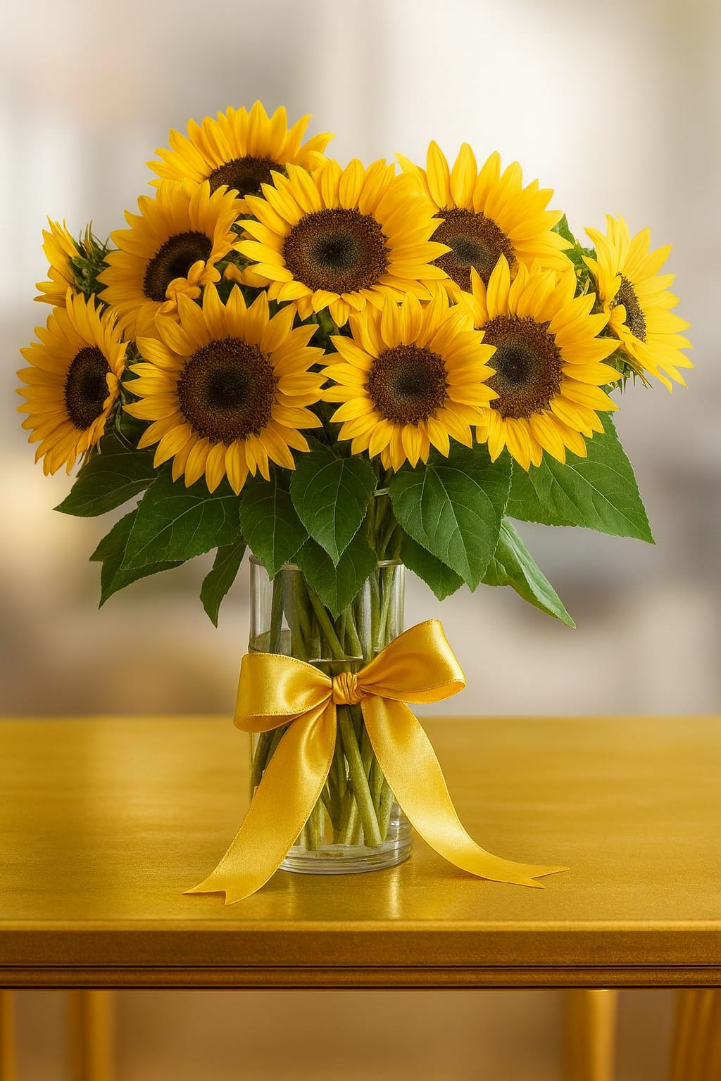 Golden Radiance Golden Radiance - Bring pure sunshine indoors with our Golden Radiance bouquet. A vibrant collection of fresh-cut sunflowers displayed in a clear glass vase, accented with lush green foliage. Finished with a satin gold ribbon and presented on a golden base, this arrangement radiates warmth, joy, and elegance. Perfect for birthdays, celebrations, or simply brightening someone’s day with a touch of golden luxury.