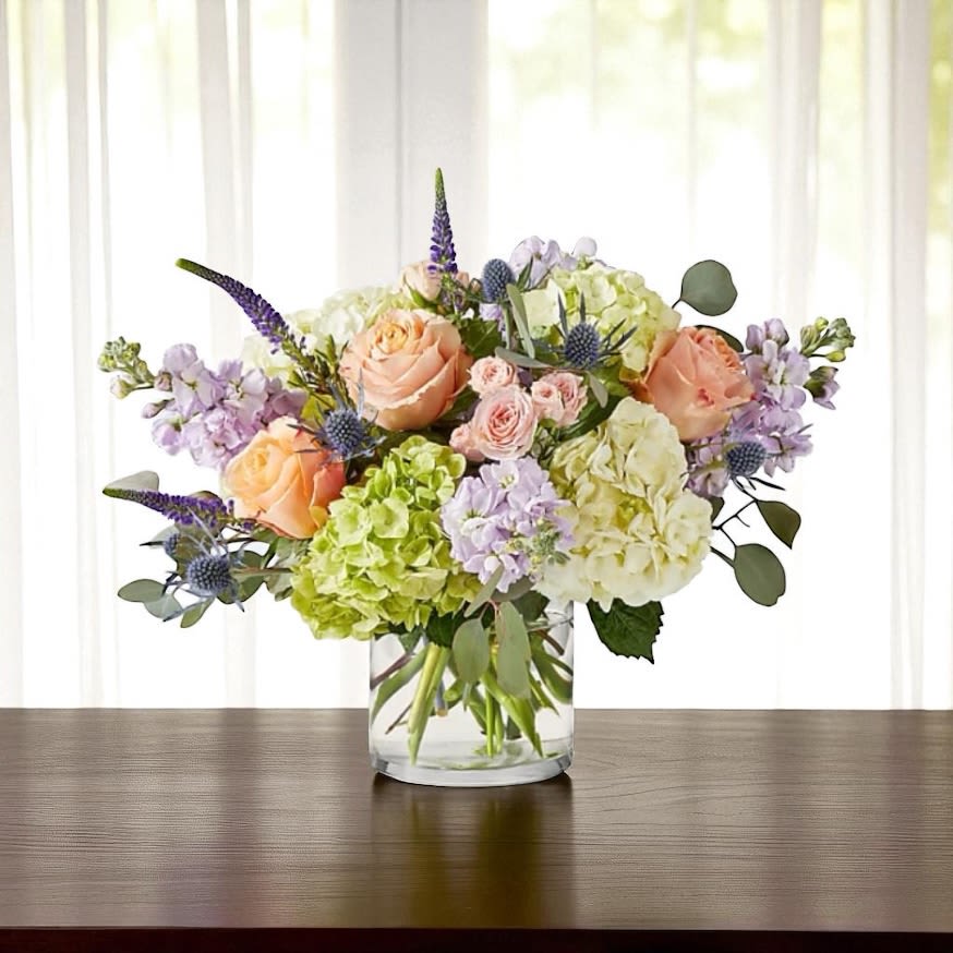Precious Pastels, Premium Arrangement Precious Pastels, Premium Arrangement - Delicate hydrangea, pastel roses and spray roses and aromatic, beautiful stock arranged artistically in this stunning, premium arrangement.