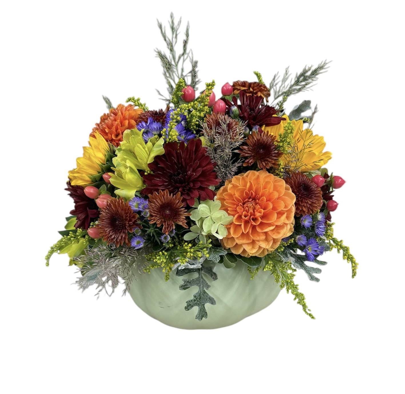 Sage Harvest Pumpkin - Sage Harvest Pumpkin Bouquet, a delightful centerpiece adorned with rustic elegance. Nestled in a timeless hand-painted ceramic pumpkin, its exquisite details and warm, earthy hues create a captivating focal point.