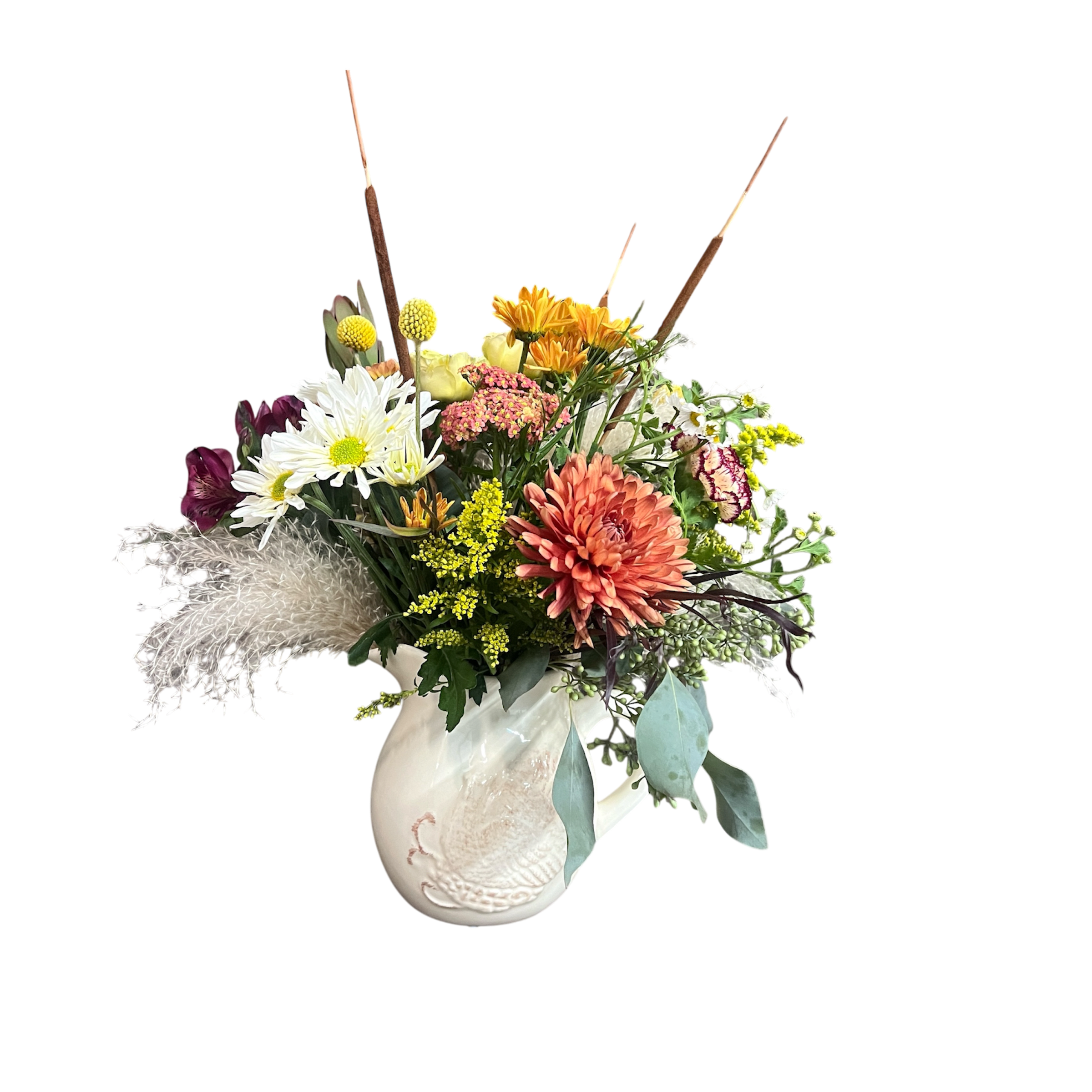 Farmhouse Blooms Pitcher Farmhouse Blooms Pitcher - Perfect for the upcoming Season, receive a lovely reusable turkey pitcher filled with seasonal fresh blooms.