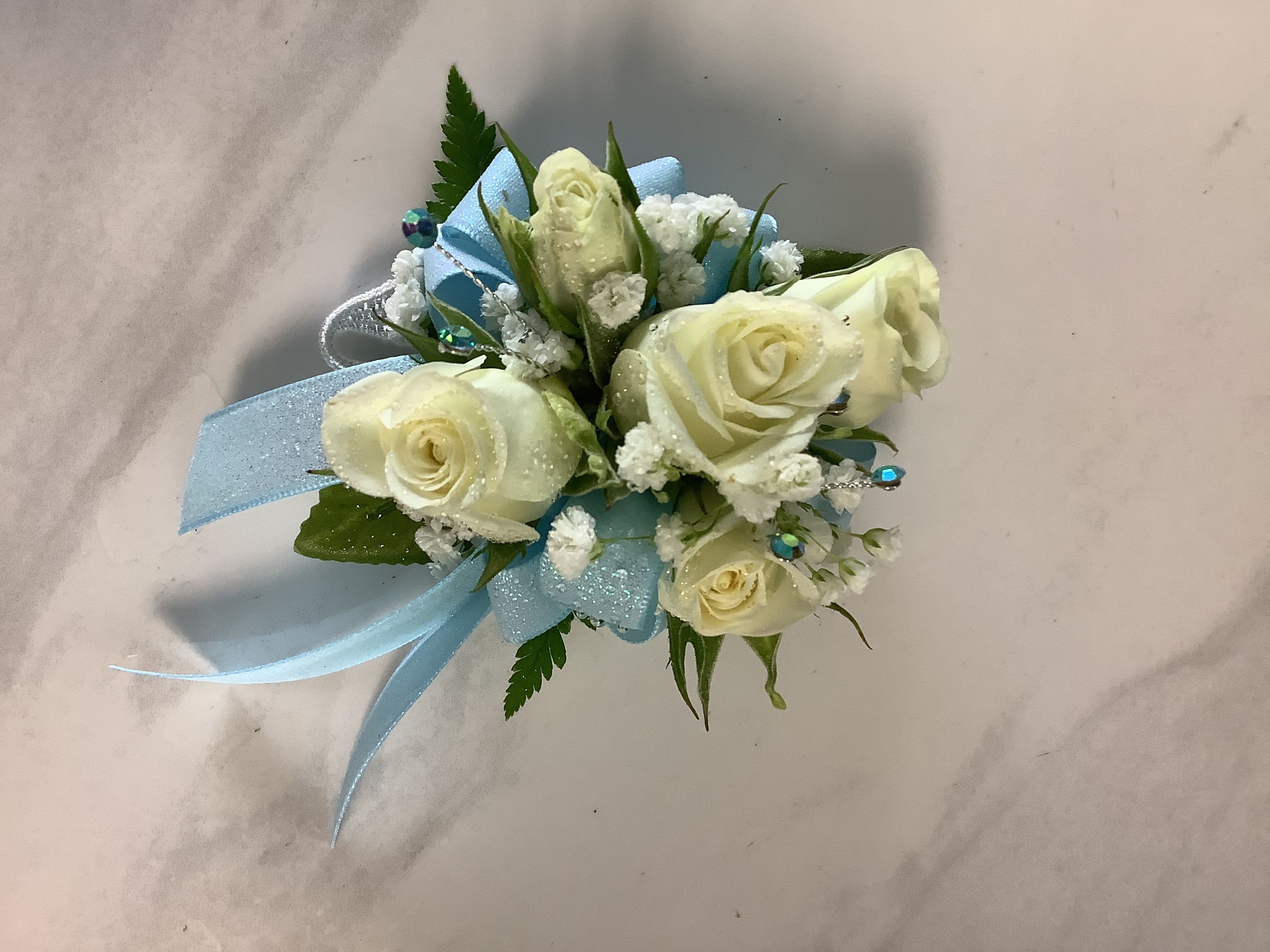  blue shimmer wrist corsage - Blue and white wrist corsage 
