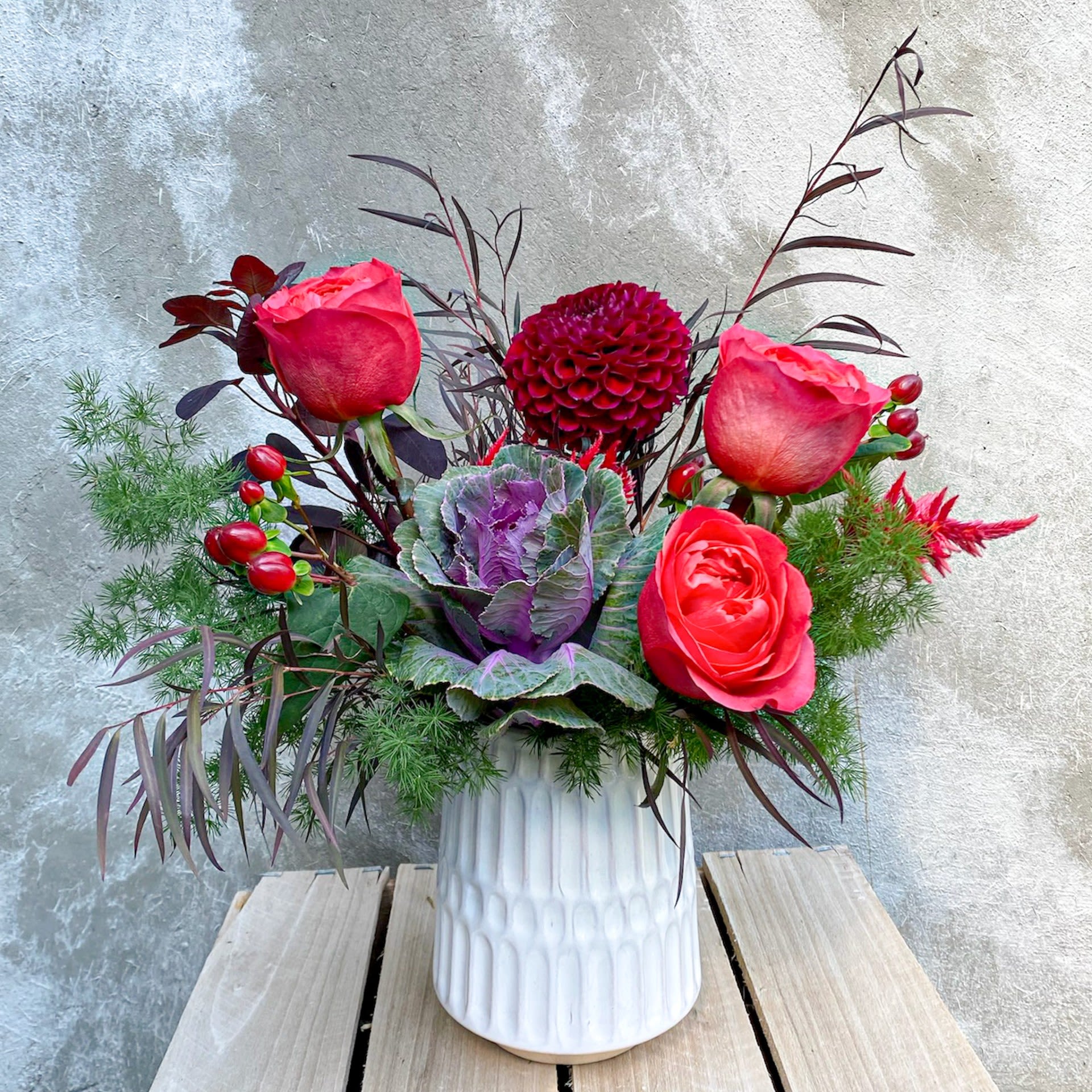Candy Apple - Bright and bold, our Candy Apple arrangement evokes the joyful, nostalgic feel of one of autumn's favorite treats!   Standard size measures approximately 13x15 in a ceramic container. 