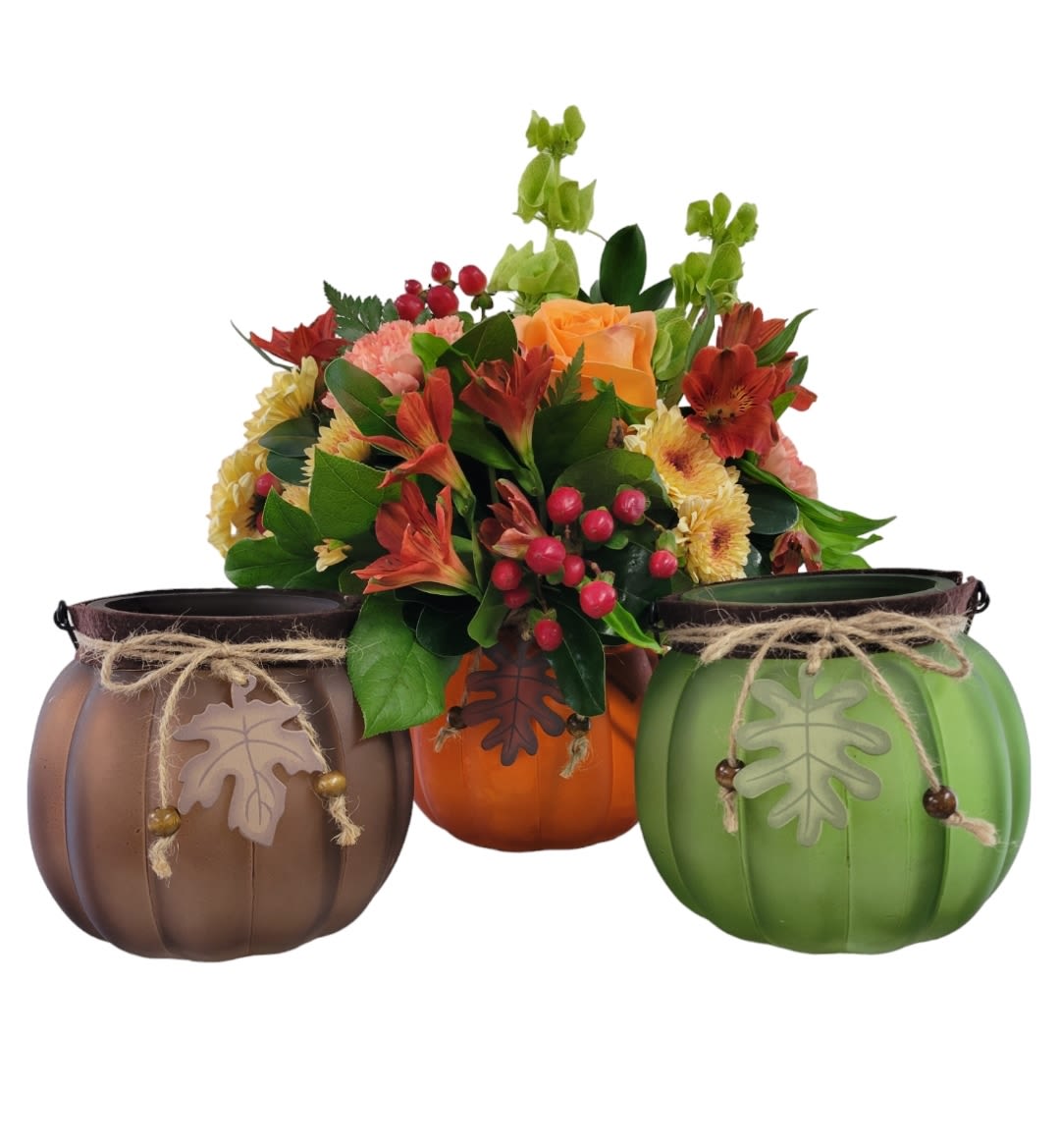 Oh My Gourd - Festive Fall arrangement design in a keepsake Glass Pumpkin. Full of fall colored flowers such as orange roses, yellow mums, green bells of ireland and more!