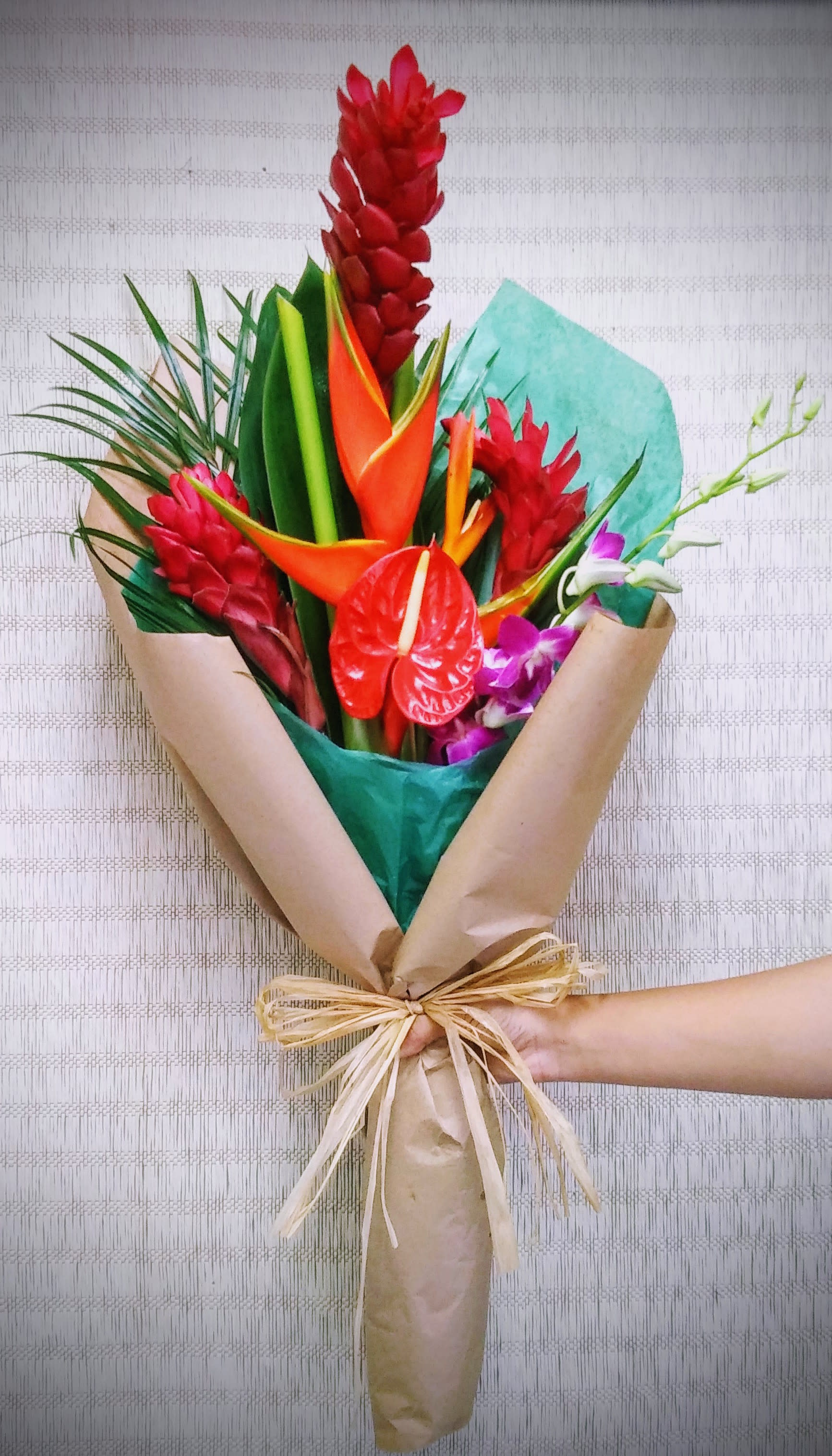 Island Bouquet  - Mixed tropical bouquet with Ginger, Orchid, Anthurium, Heliconia and tropical greens. 