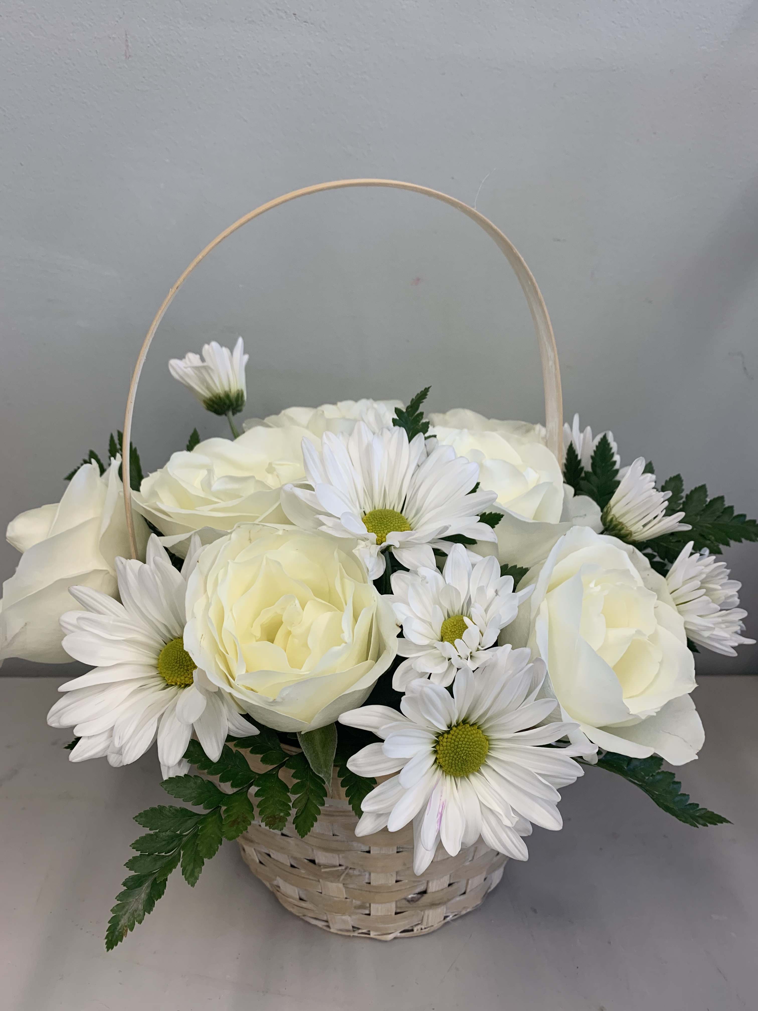 Pristine Rose Basket Pristine Rose Basket - A dainty white and green basket featuring white daisies and white roses with greenery in a basket. Send your sympathies and love with this sweet basket arrangement