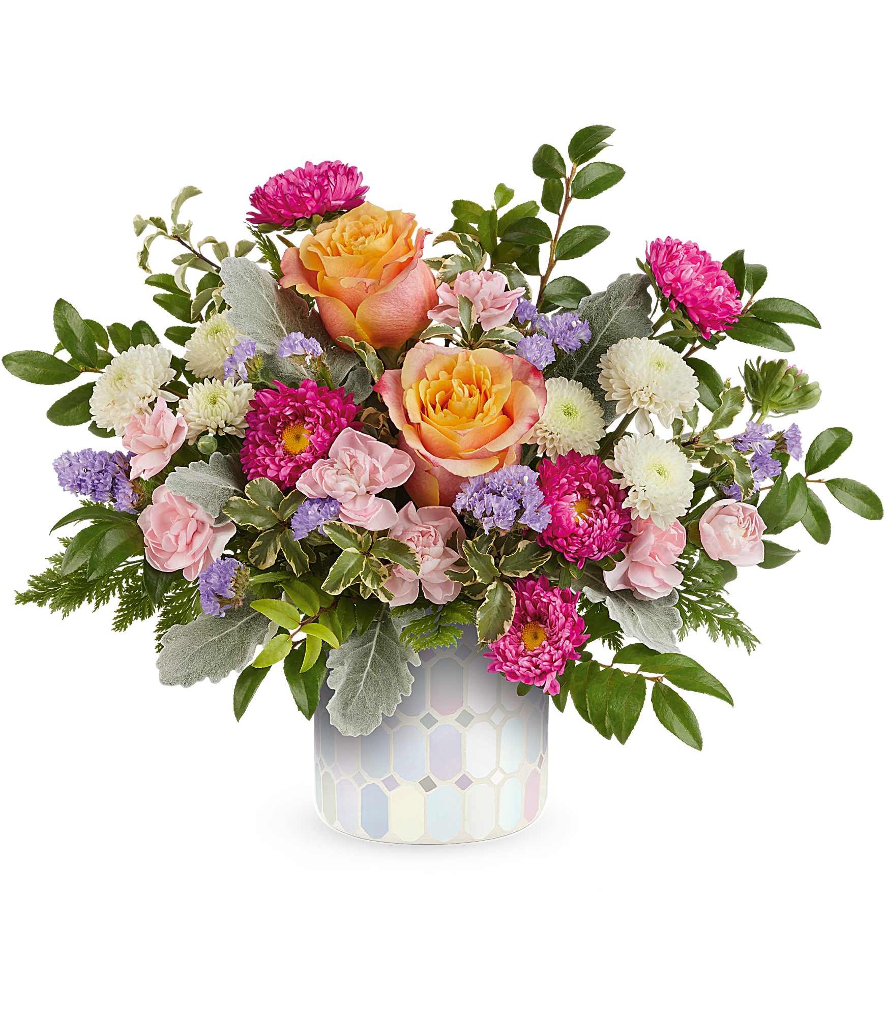 Teleflora's Whimsical Wonders - You'll be charmed by this playful bouquet of garden roses, beautifully presented in a whimsical vase that sparkles with a kaleidoscope of colors. Perfect for adding a touch of magic to any space! This arrangement includes light orange roses, pink miniature carnations, hot pink Matsumoto asters, white button chrysanthemums, lavender sinuata statice, dusty miller, huckleberry, leatherleaf fern, and pitta negra. Presented in Teleflora's Alluring Mosaic Vase, it's a stunning addition to any home décor!