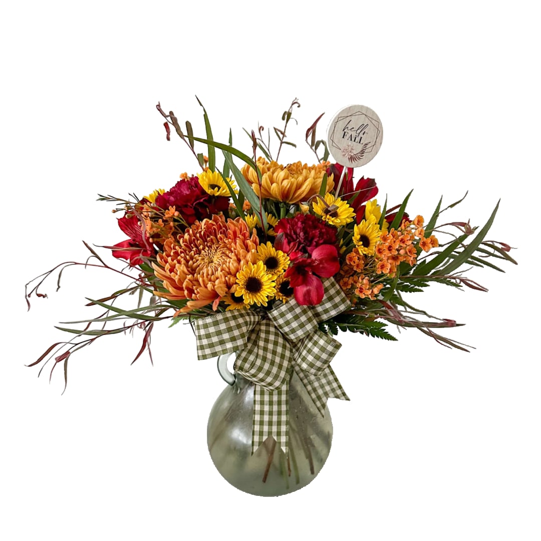 Hello Fall  - Another fall mix full of mums and daisies!   Fall pick and bow color may vary