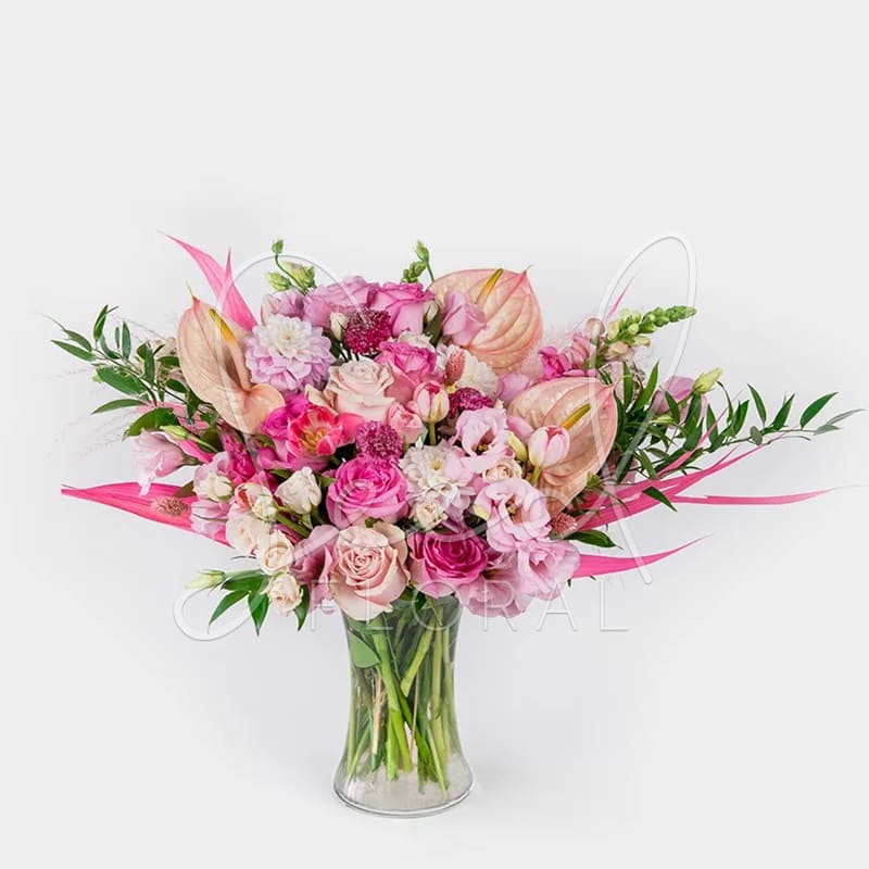 Monochromatic Collection: Pink - ONE Color is all you need!  Enjoy a lush mix of seasonal flowers in your SINGLE FAVORITE COLOR. Available in White, Yellow, Green, Orange, Pink &amp; Purple .  *NOTE: For RED or BLUE  we need at least 24 hours notice to make sure we have the flowers for you arrangement.