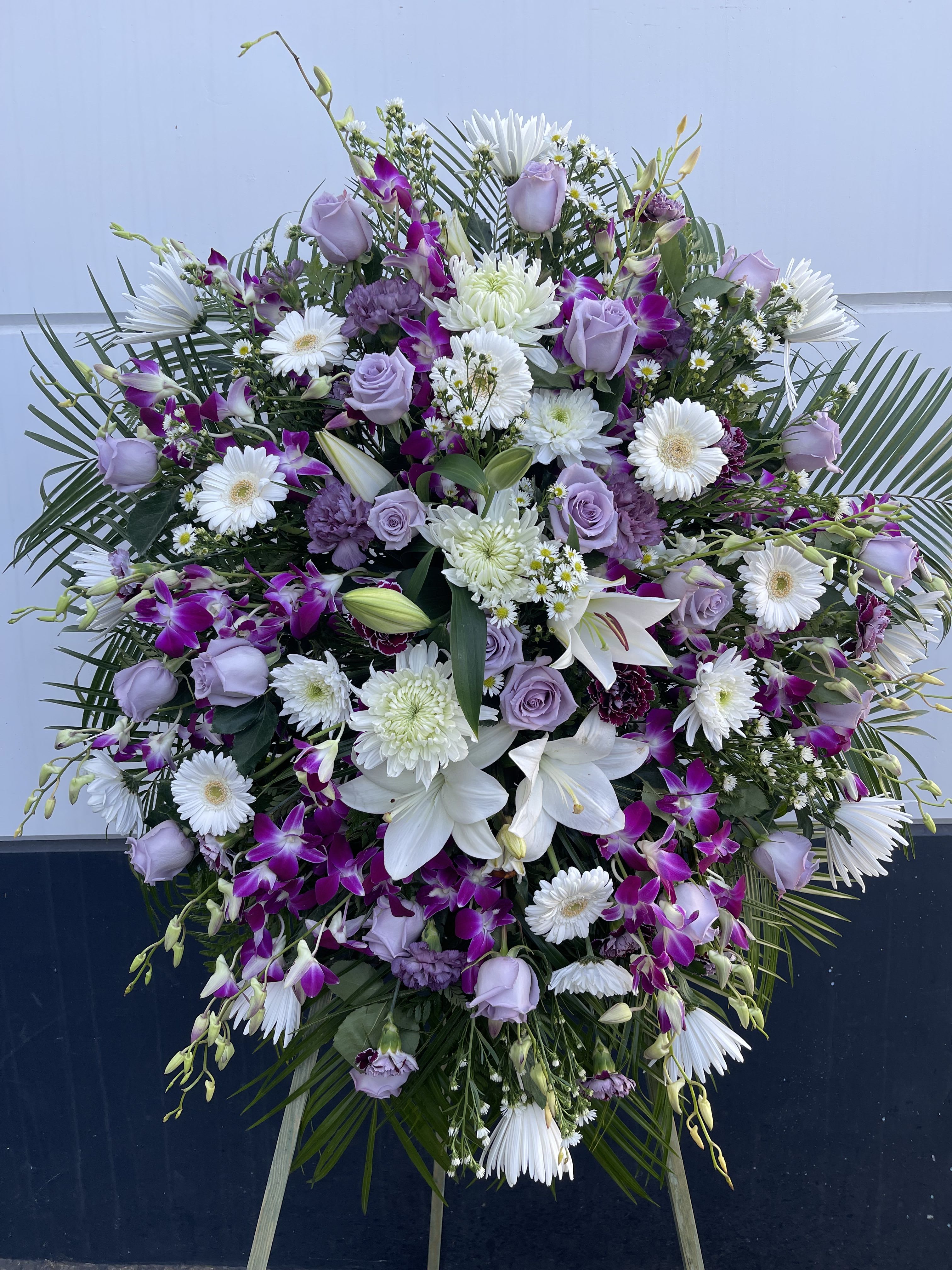 Purple and white large standing spray  - Purple, lavander and white hanging spray 